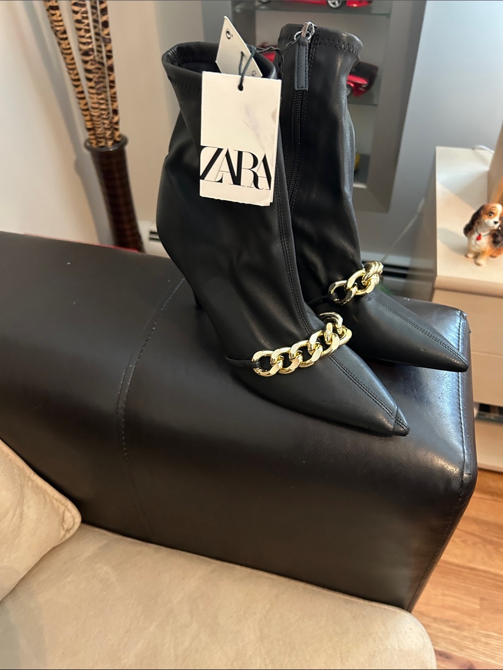 Zara Black Pointed Ankle Boots with Gold Chain